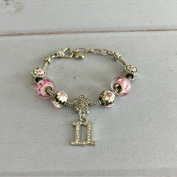 8" Charm Bracelet Silver Happy 11th Birthday Crystal Pave Setting, Enamel Beads - Picture 3 of 8